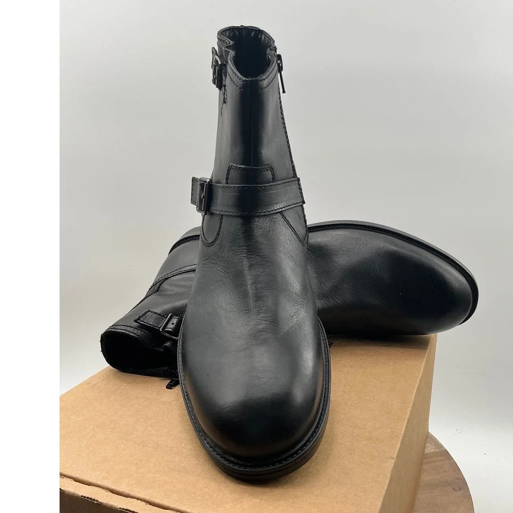 Steve Madden Mens Black Leather Harness Ankle Boots Buckle Zip Biker Style